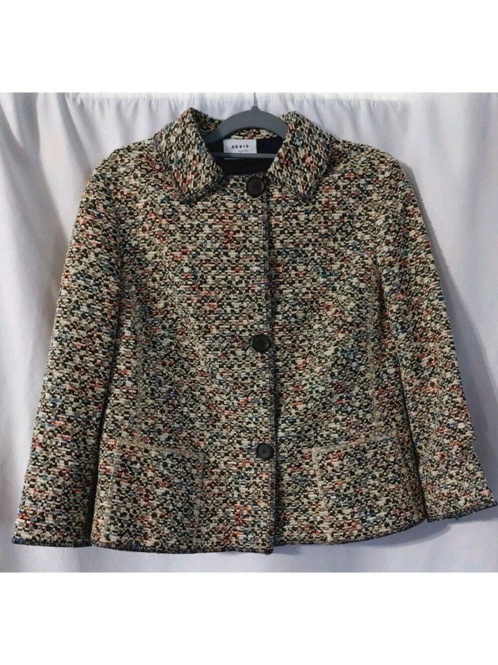 Akris Punto Multicolor Boucle Tweed Cropped Jacket Blazer 3/4 Sleeve Size 14